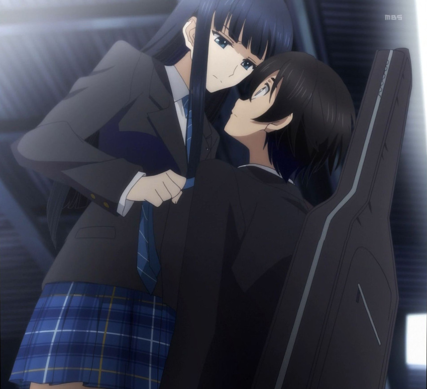 1boy, 1girl, black_eyes, black_hair, blue_eyes, blue_hair, couple, guitar