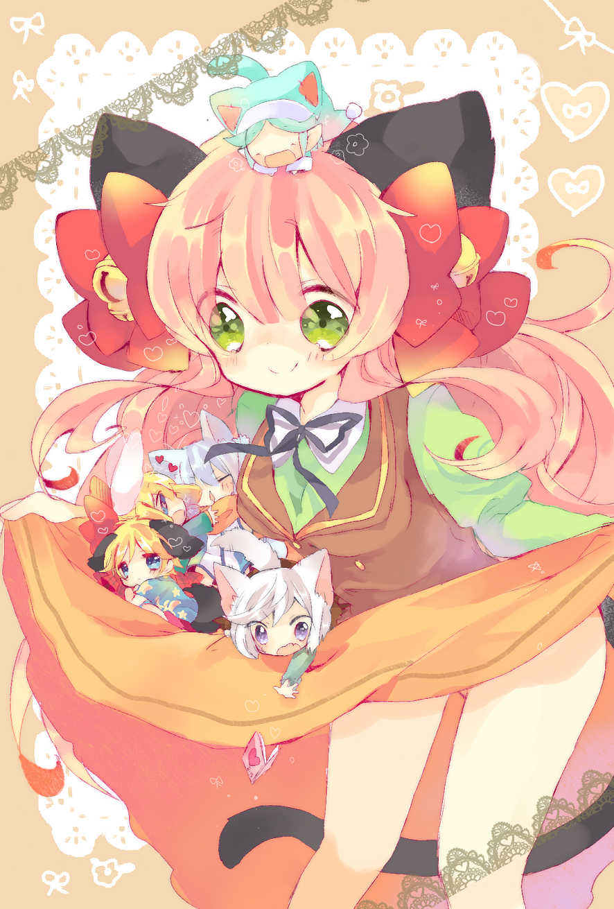1boy, 4girls, animal_ears, bell, blonde_hair, blue_eyes, book, bow, cat_ears, cat_tail, closed_eyes, curly_(jintai), dog_ears, dress, dress_lift, fairy_(jintai), green_eyes, grey_hair, hair_bell, hair_bow, hair_ornament, highres, jinrui_wa_suitai_shimashita, joshu-san, long_hair, looking_at_another, messy_hair, multiple_girls, neck_ribbon, orange_dress, pink_hair, pion_(jintai), ppppa, ribbon, smile, tail, violet_eyes, watashi_(jintai), white_hair, y_(jintai)