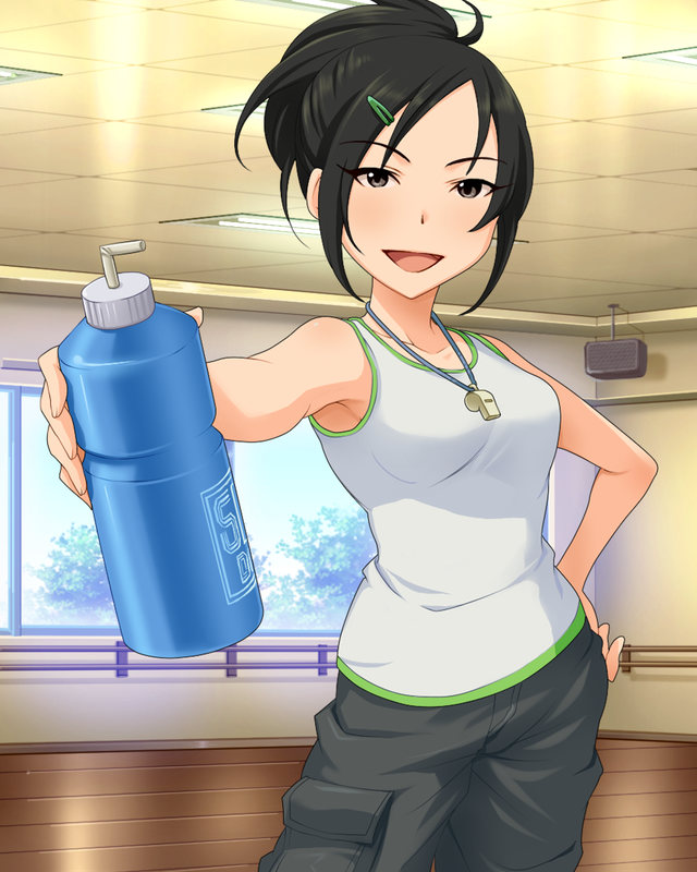1girl, artist_request, bangs, black_eyes, black_hair, bottle, cargo_pants, character_name, hair_ornament, hairclip, hand_on_hip, idolmaster, idolmaster_cinderella_girls, master_trainer, official_art, open_mouth, solo, star, swept_bangs, tank_top, trainer_(idolmaster), water_bottle, whistle