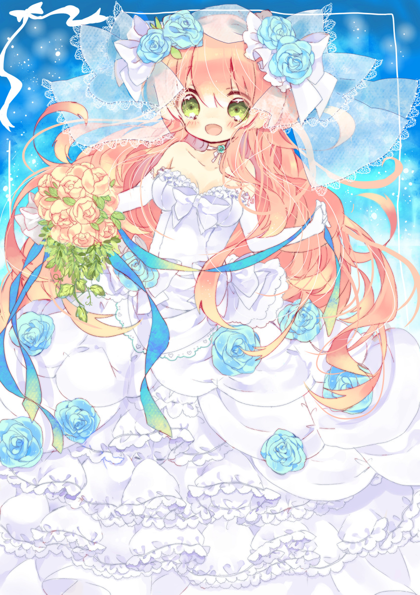 1girl, :d, blue_background, blue_rose, bouquet, bow, dress, flower