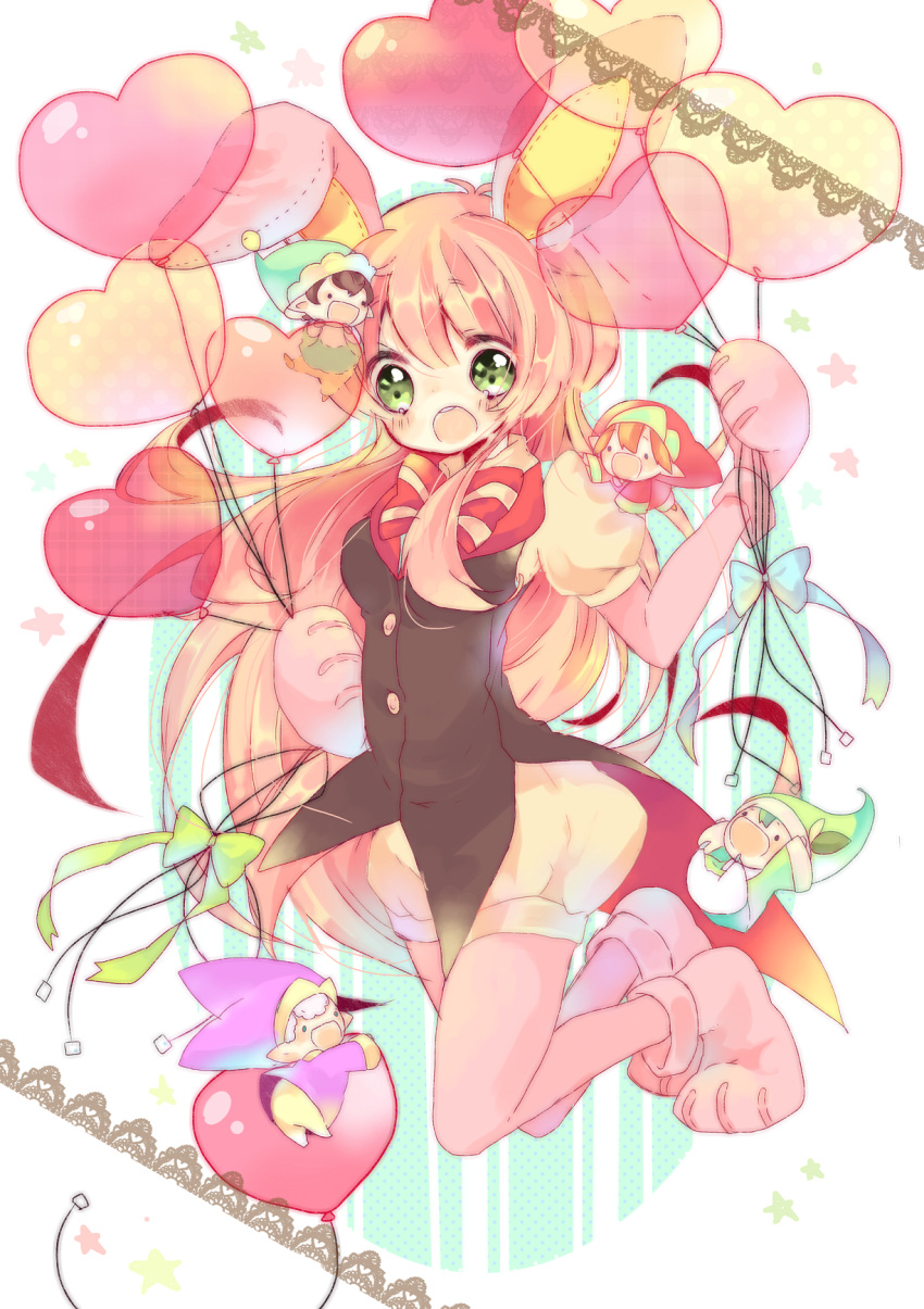 1girl, :d, animal_ears, balloon, bow, coattails, fairy_(jintai), falling, gloves, green_eyes, heart, highres, jinrui_wa_suitai_shimashita, long_hair, messy_hair, open_mouth, paw_gloves, paw_shoes, pink_hair, ppppa, puffy_pants, puffy_short_sleeves, puffy_sleeves, rabbit_ears, riding, short_sleeves, smile, surprised, vest, watashi_(jintai)