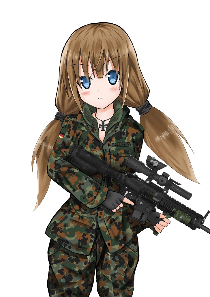 1girl, aimpoint, assault_rifle, bangs, blue_eyes, blunt_bangs, blush, brown_hair