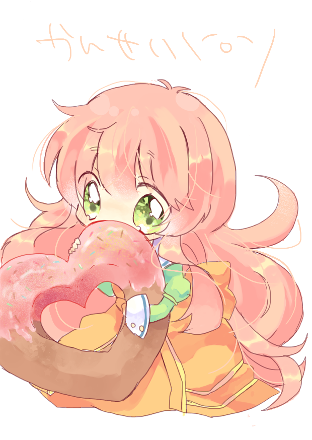 1girl, chibi, doughnut, dress, green_eyes, heart, hiding, jinrui_wa_suitai_shimashita