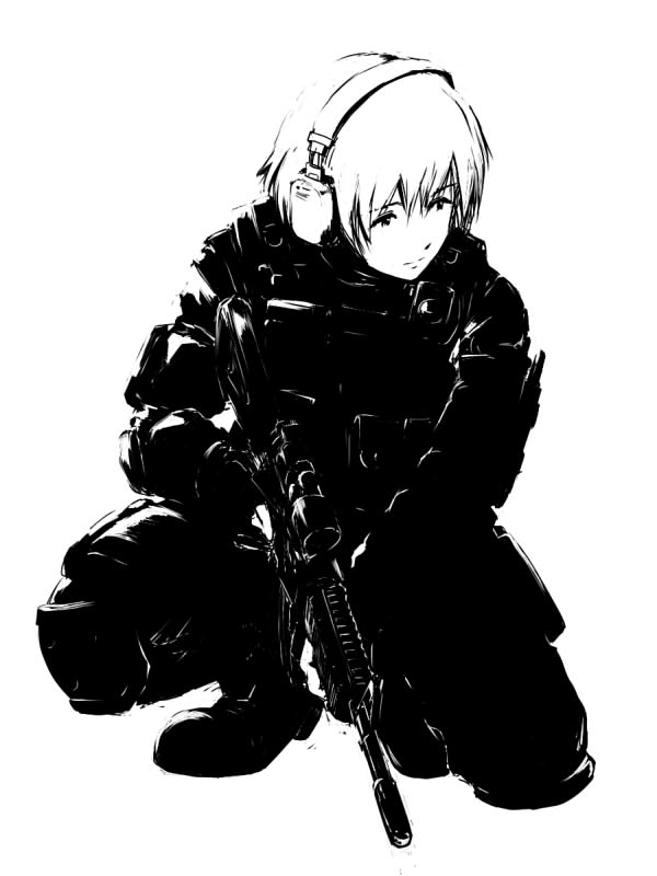 1girl, assault_rifle, gun, headset, knee_pads, load_bearing_vest, m4_carbine, military