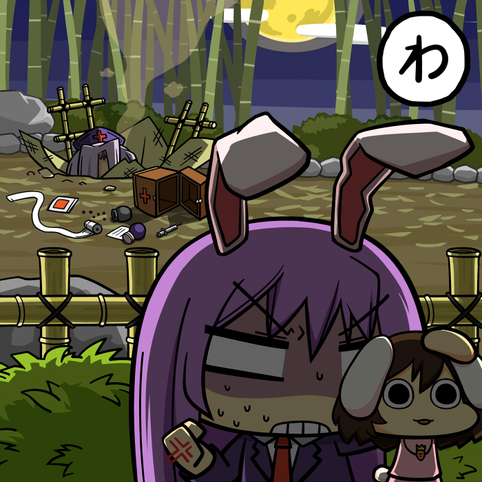 3girls, anger_vein, angry, animal_ears, bamboo, bamboo_fence, bamboo_forest, bandages