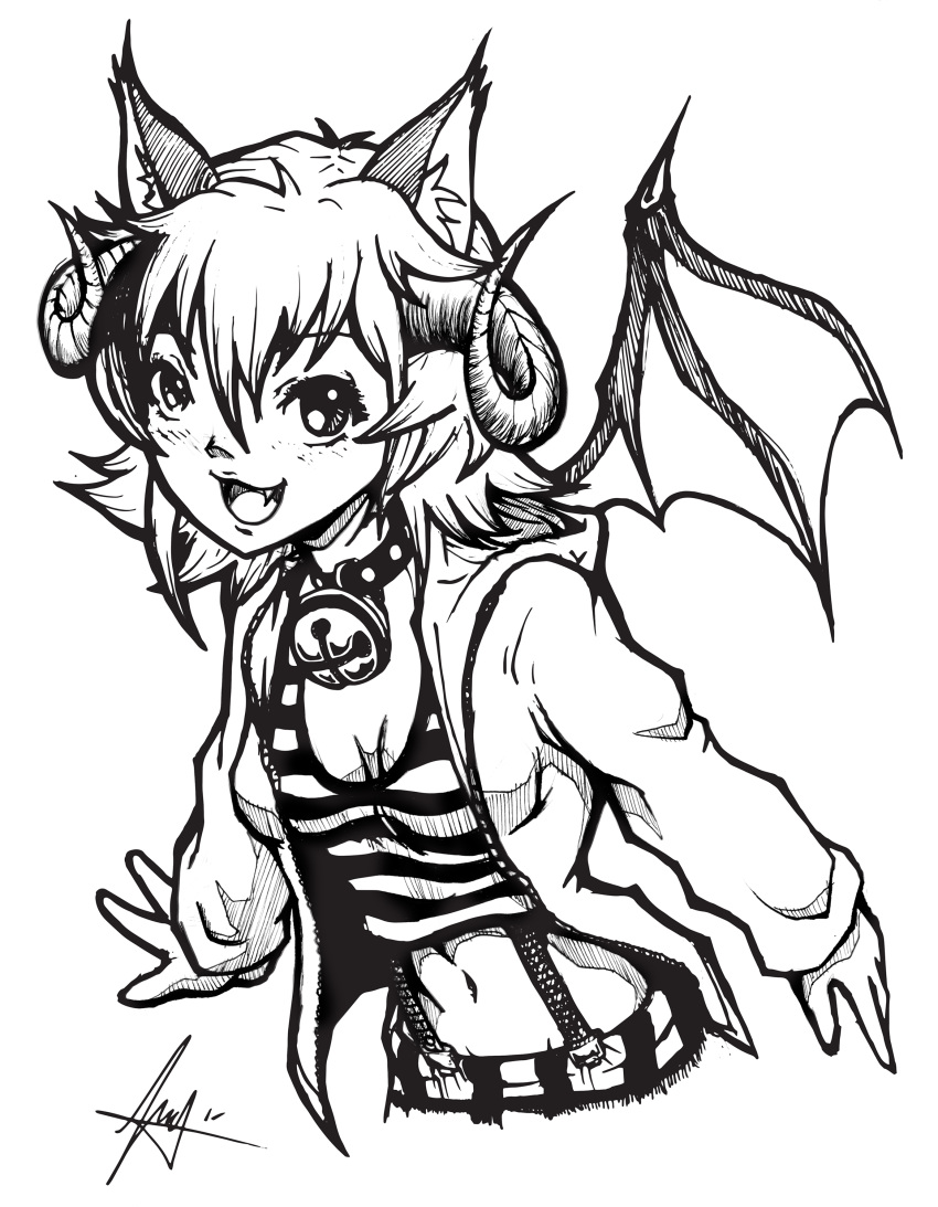 1girl, black, cat, cat_ears, fang, hoodie, horns, looking_at_viewer, lucasflicky, midriff, moe, monochrome, navel, neko_mimi, short_hair, short_shirt, skirt