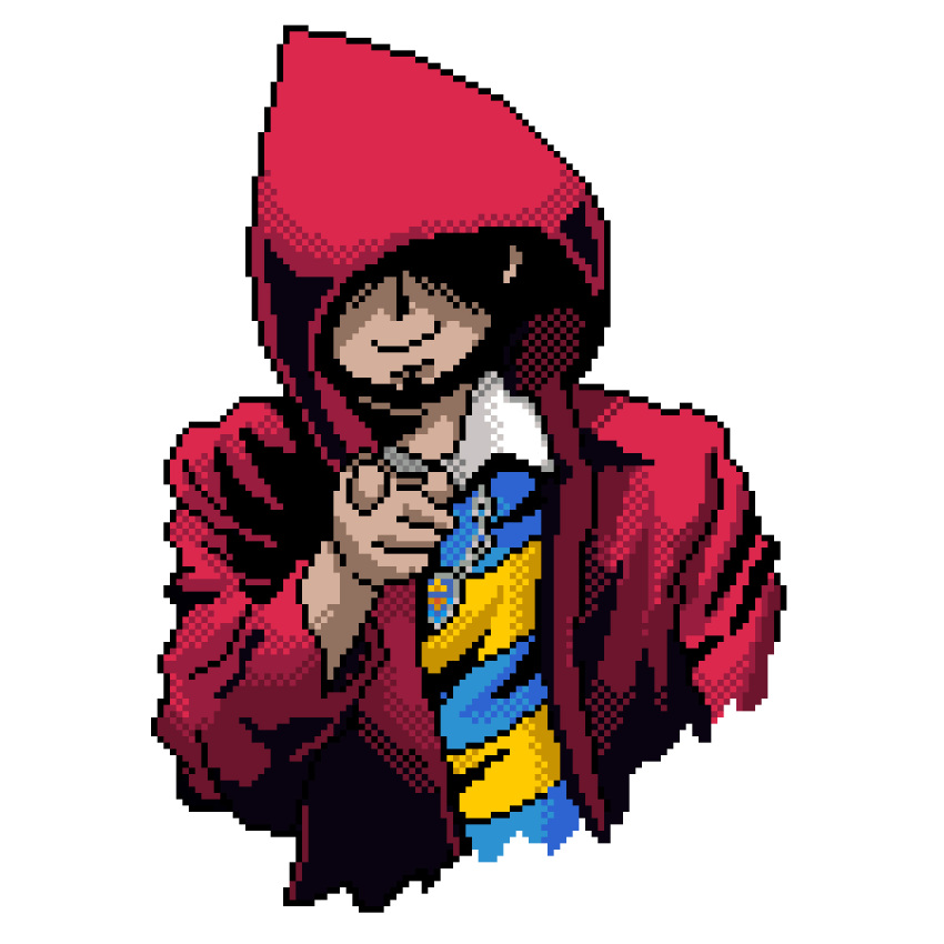 1boy, eyeless, lucas_flicky, lucasflicky, pixel_art, pointing, red_hood, shadow
