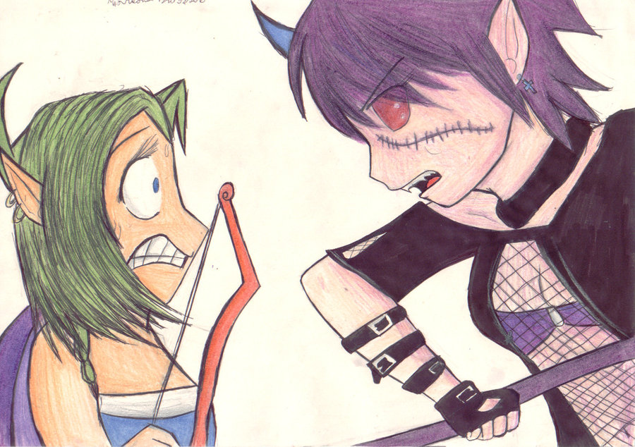 2girls, bow, darkprodutions, demon, demon_girl, elf, elf_girl, fanart