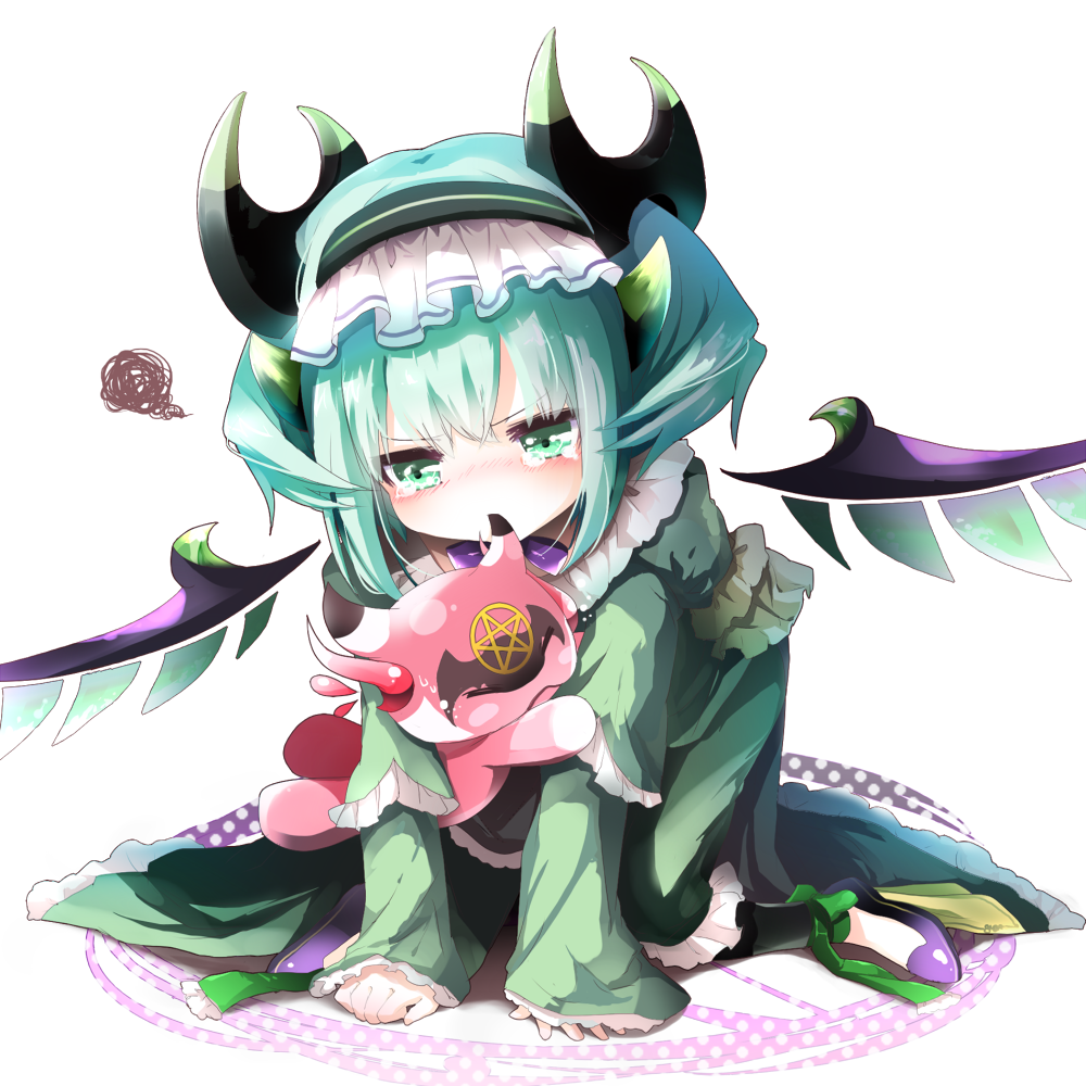 1girl, aqua_eyes, aqua_hair, astaroth_(p&amp;d), blush, closed_eyes, doll, dress