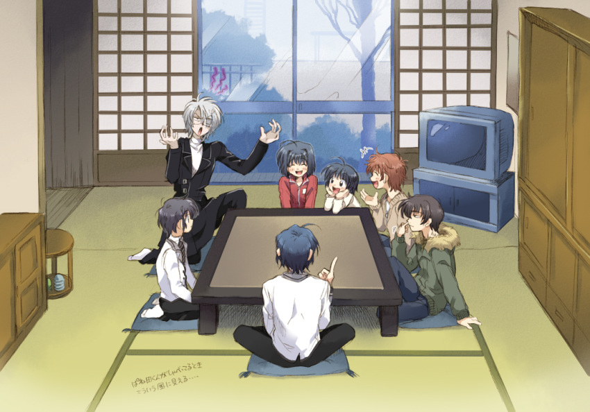 ahoge, black_hair, blue_hair, brown_hair, chitose_shuusuke, chunko, eyepatch, haneda_kobato, haneda_takashi, haneda_youji, itami_karura, jacket, jersey, narita_hayato, necktie, oretachi_ni_tsubasa_wa_nai, school_uniform, smile, spoilers, white_hair