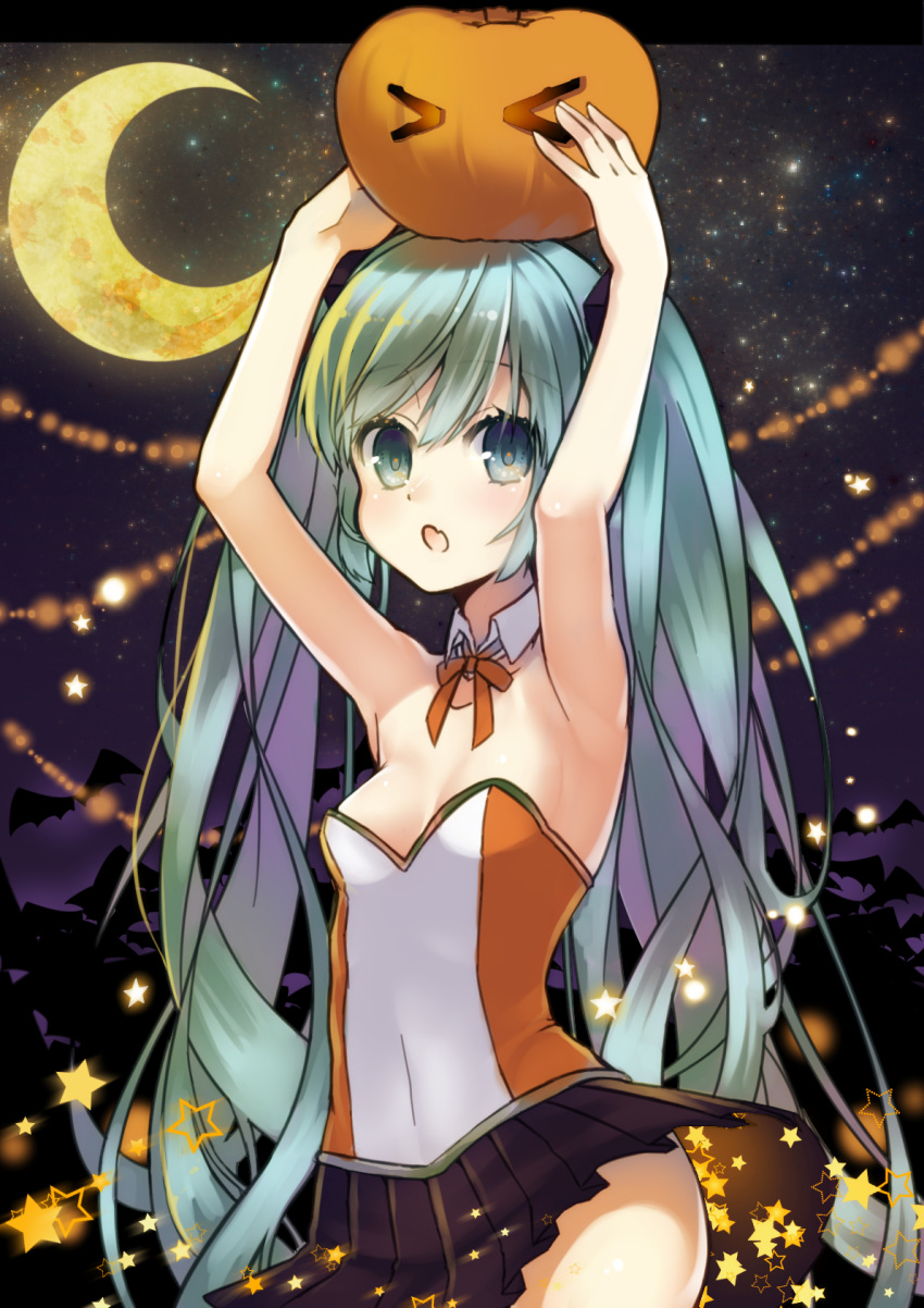 >_<, 1girl, armpits, fang, food, food_on_head, green_eyes, green_hair