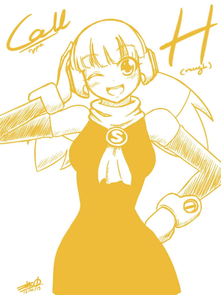 1girl, bangs, blush, call_(komaki_shinsuke), call_(mighty_no._9), dated, detached_sleeves, dress