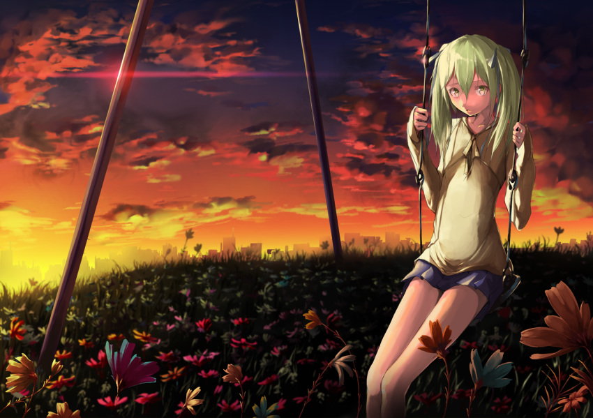 1girl, green_hair, original, solo, sunset, tyappygain