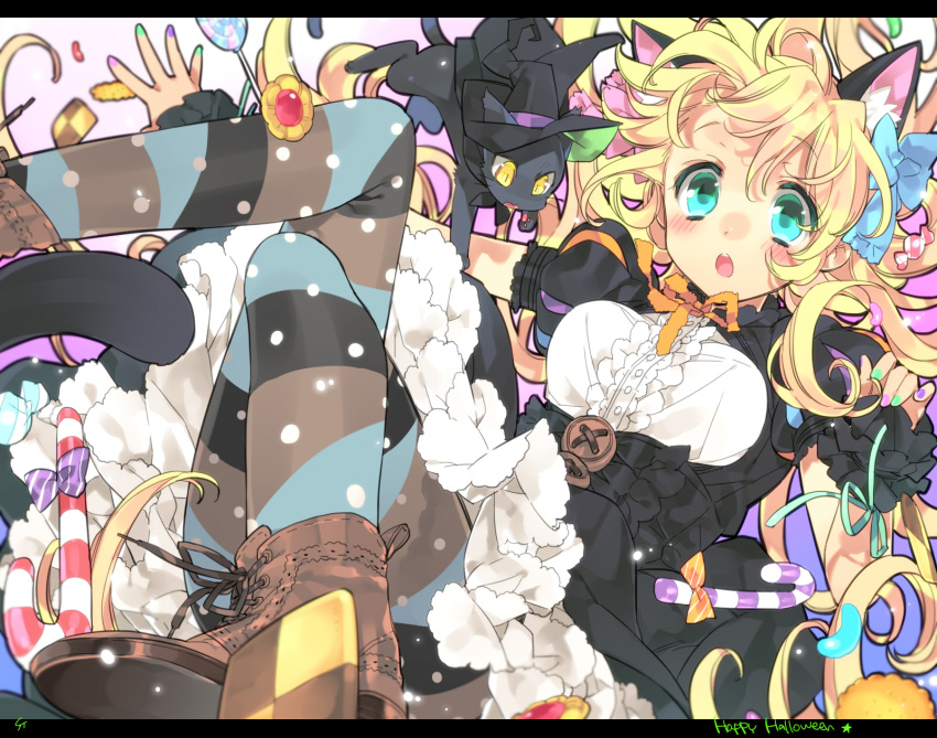 1girl, :o, animal_ears, aqua_eyes, blonde_hair, blurry, blush, boots