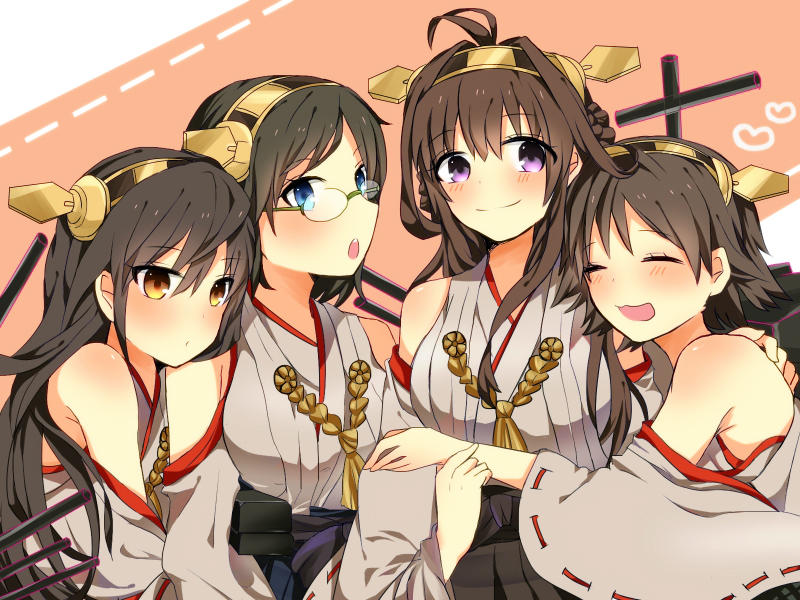 4girls, ahoge, bare_shoulders, blue_eyes, blush, breasts, brown_eyes, brown_hair