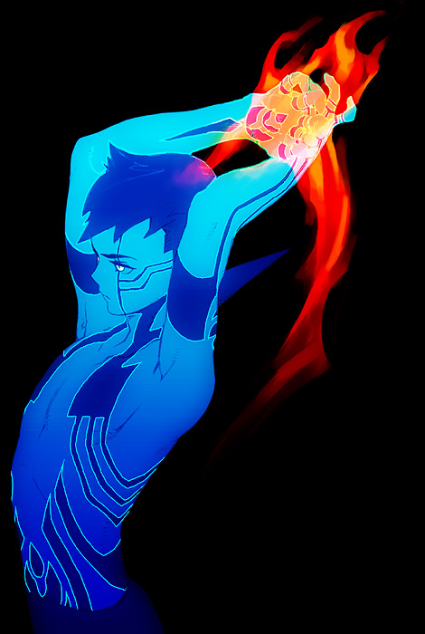 1boy, arched_back, armpits, arms_up, black_background, black_hair, expressionless, fire, glowing, glowing_eyes, hitoshura, neon_trim, no_nipples, profile, shin_megami_tensei, shin_megami_tensei_iii:_nocturne, shirtless, takosu, tattoo, toned, white_eyes