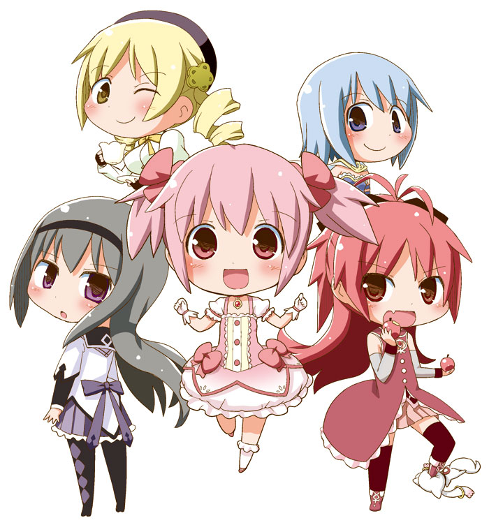 5girls, akemi_homura, apple, black_hair, blonde_hair, blue_eyes, blue_hair, chibi, cup, drill_hair, eating, food, fruit, gerotan, kaname_madoka, kyubey, long_hair, magical_girl, mahou_shoujo_madoka_magica, miki_sayaka, multiple_girls, open_mouth, pink_eyes, pink_hair, ponytail, red_eyes, redhead, sakura_kyouko, short_hair, short_twintails, simple_background, skirt, smile, stepping, teacup, thighhighs, tomoe_mami, twintails, violet_eyes, white_background, wink, yellow_eyes