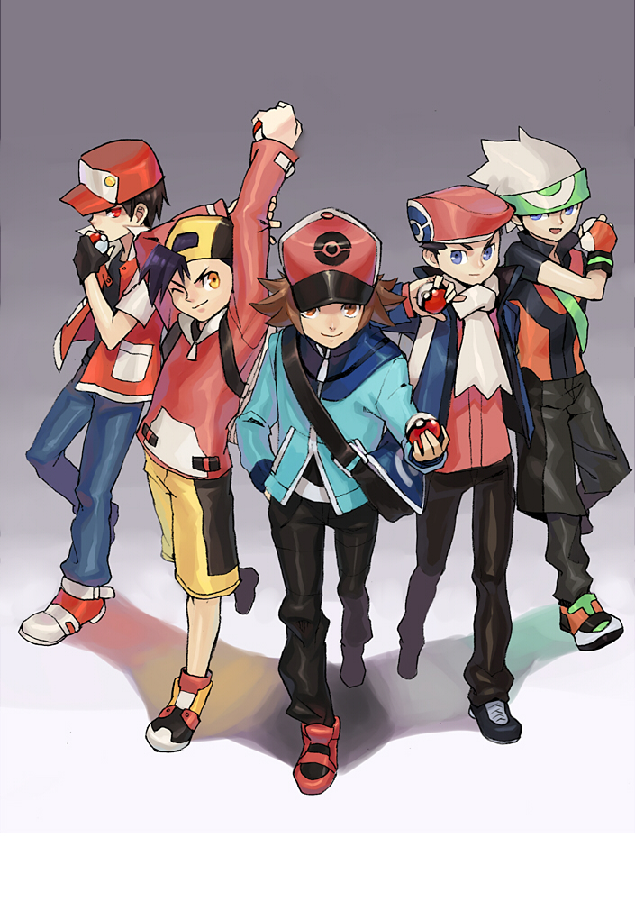 5boys, full_body, gold_(pokemon), kouki_(pokemon), kushabiria, multiple_boys, pokemon, pokemon_(game), pokemon_bw, pokemon_dppt, pokemon_gsc, pokemon_rgby, pokemon_rse, red_(pokemon), red_(pokemon)_(classic), touya_(pokemon), yuuki_(pokemon)
