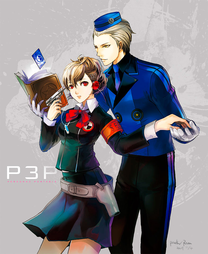 brown_hair, card, female_protagonist_(persona_3), garrison_cap, gun, hair_ornament, hairclip, hat