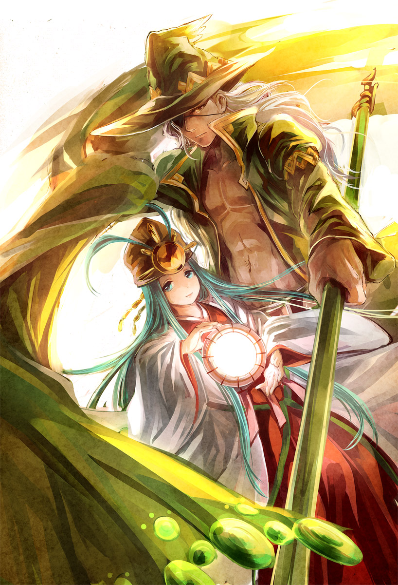 1boy, 1girl, amaterasu_(p&amp;d), aqua_eyes, aqua_hair, eyepatch, hat, highres