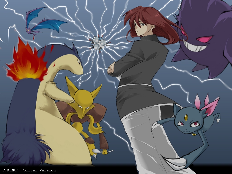 1boy, alakazam, crobat, gengar, long_hair, looking_at_viewer, looking_back, magneton, pokemon, pokemon_(creature), pokemon_(game), pokemon_gsc, redhead, san_dai_wa_jou, silver_(pokemon), sneasel, title, typhlosion
