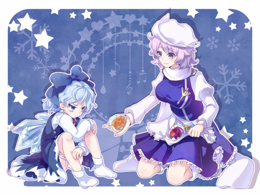 2girls, amo, apple, bloomers, blue_eyes, blue_hair, blush, bow