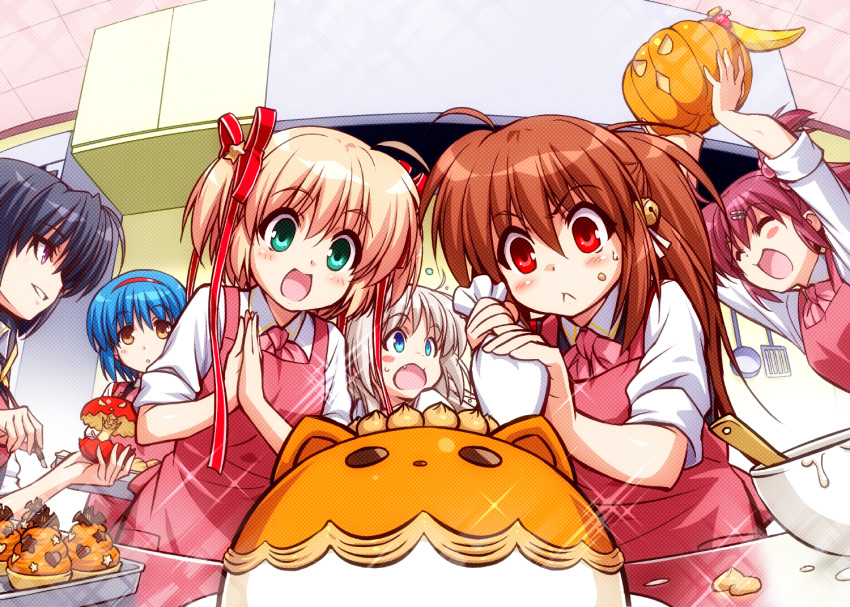 6+girls, :<, ^_^, apple, apron, black_hair, blonde_hair, blue_eyes, blue_hair, brown_hair, closed_eyes, food, frosting_bag, fruit, green_eyes, hairband, halloween, kamikita_komari, kitchen, kurugaya_yuiko, little_busters!!, long_hair, multiple_girls, natsume_rin, nishizono_mio, noumi_kudryavka, orange_eyes, ponytail, pumpkin, purple_hair, red_eyes, saigusa_haruka, short_hair, short_twintails, side_ponytail, twintails, violet_eyes, zen