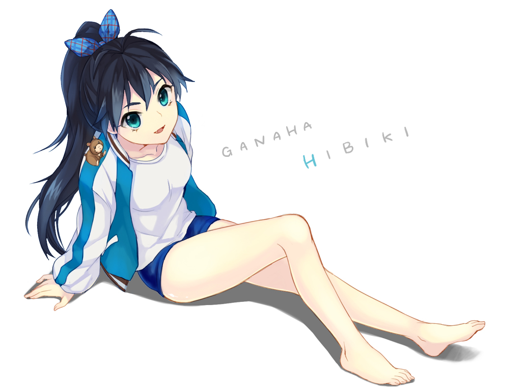 1girl, arm_support, barefoot, black_hair, blue_eyes, ganaha_hibiki, hair_ribbon, hamuzou