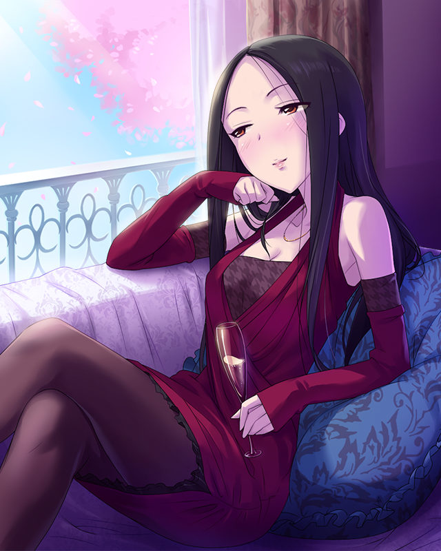 1girl, alcohol, artist_request, black_hair, blush, brown_eyes, crossed_legs, detached_sleeves