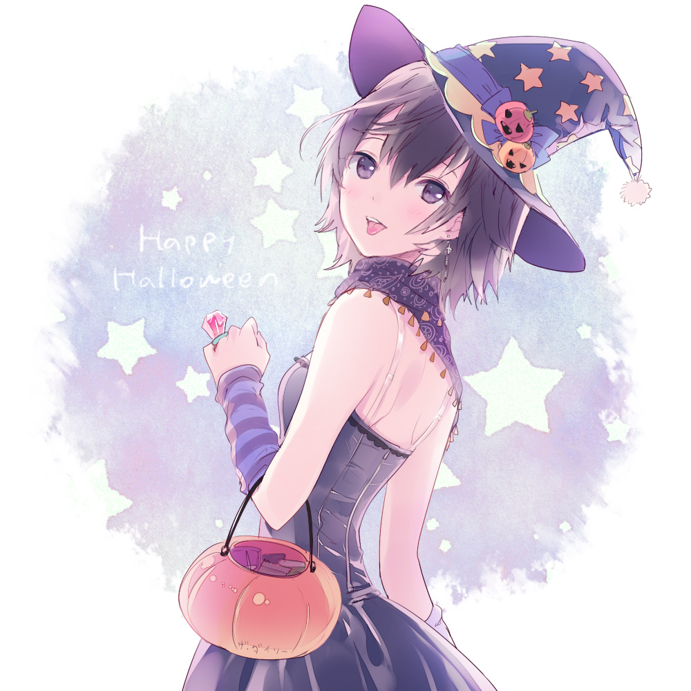 1girl, :p, bag, candy, candy_ring, halloween, hat, inko_(mini), original, solo, tongue, witch_hat