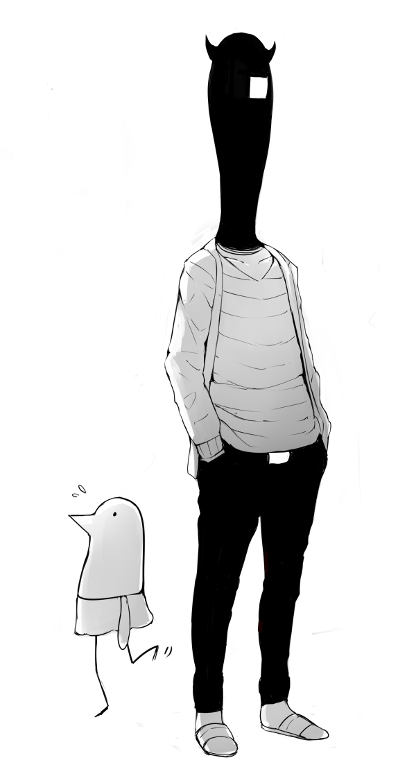 1boy, dual_persona, faceless, faceless_male, horns, monochrome, onodera_punpun, oyasumi_punpun