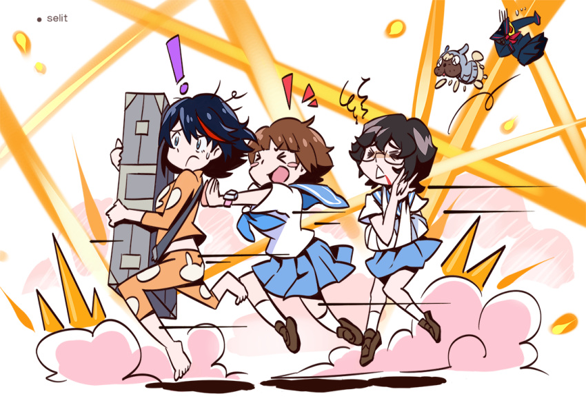!, 3girls, \m/, barefoot, black_hair, brown_hair, case, cast