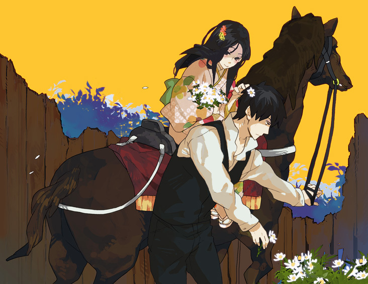 animal, bent_knees, black_eyes, black_hair, blush, duo, female, flower