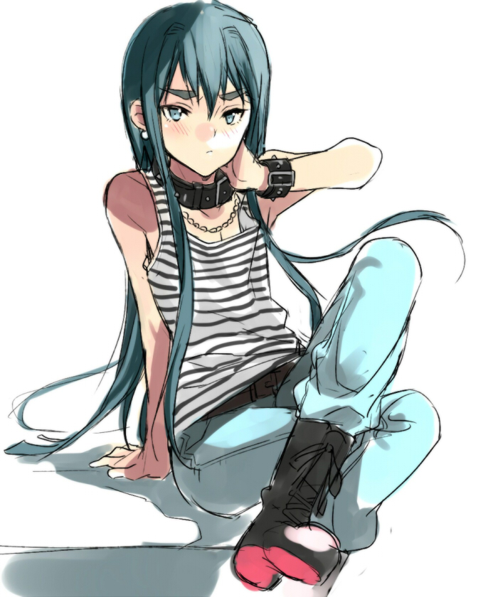 1boy, :<, black_hair, blush, boots, chain, collar, cuffs