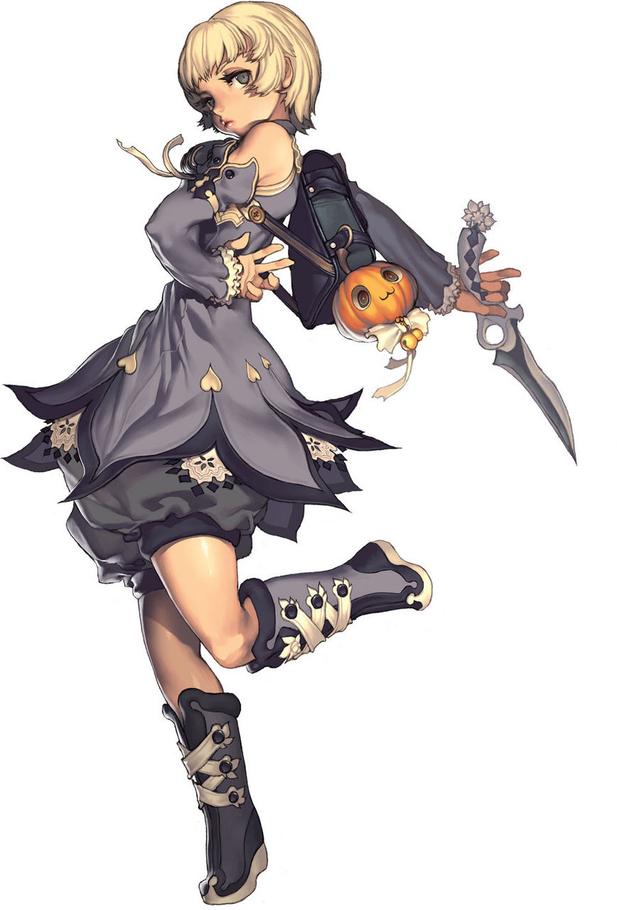 arms_behind_back, backpack, bag, bell, blonde_hair, boots, grey_eyes, heart