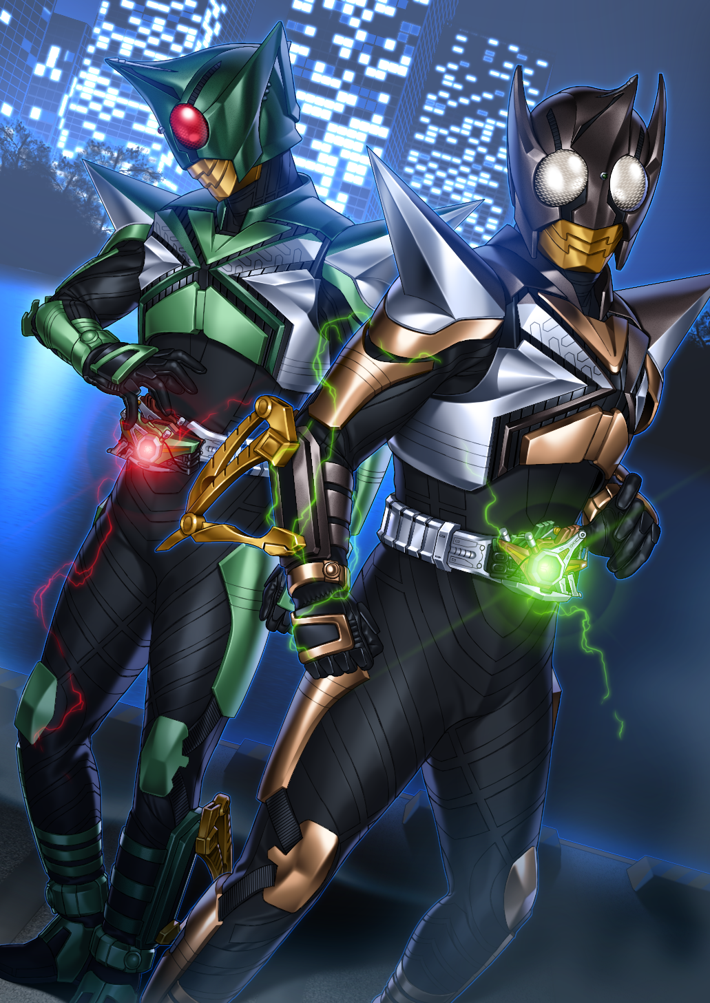 2boys, belt, cityscape, gloves, glowing, highres, kamen_rider, kamen_rider_kabuto_(series)