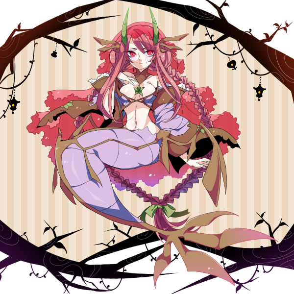 1girl, braid, breasts, cleavage, detached_sleeves, dragalge, mermaid, midriff