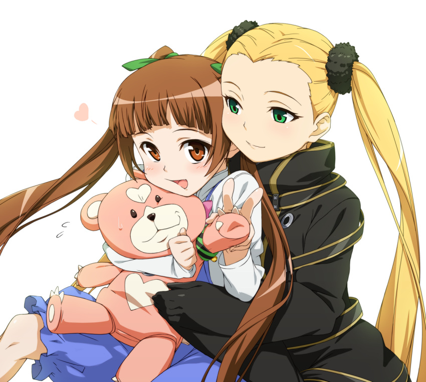 2girls, aoki_hagane_no_arpeggio, blonde_hair, brown_eyes, brown_hair, fang, green_eyes, hair_ribbon