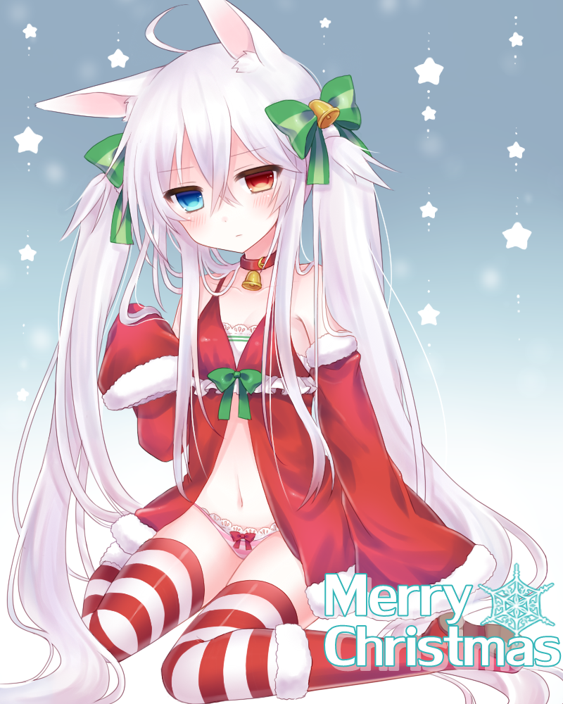 1girl, ahoge, animal_ears, baby_doll, bell, blush, bow, cat_ears, choker, christmas, detached_sleeves, hair_bow, heterochromia, long_hair, merry_christmas, navel, original, panties, sitting, sleeves_past_wrists, snowflakes, solo, striped, striped_legwear, thighhighs, tsukikage_nemu, twintails, underwear, very_long_hair, white_hair