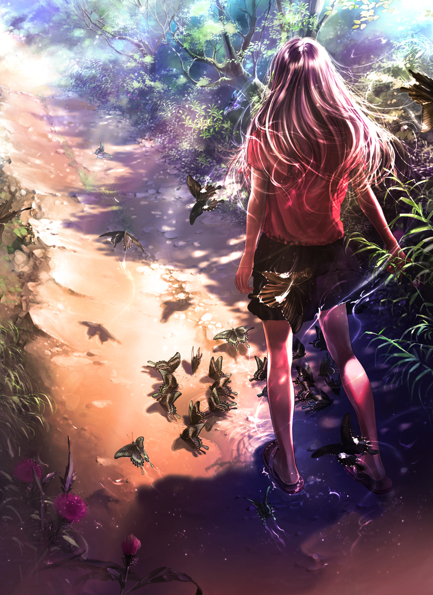 aalge, back, brown_hair, butterfly, flower, forest, long_hair, nature
