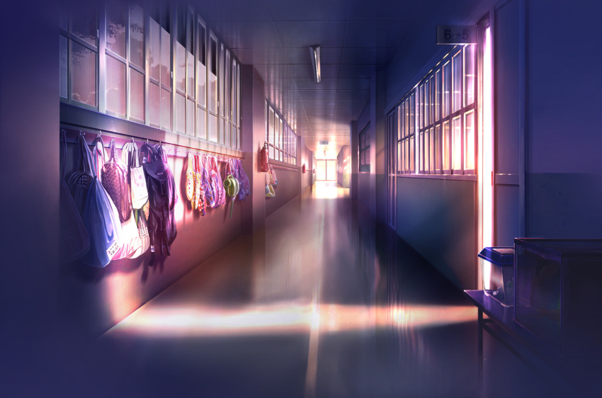 aalge, aquarium, backpack, bag, bulletin_board, fire_extinguisher, hallway, no_humans