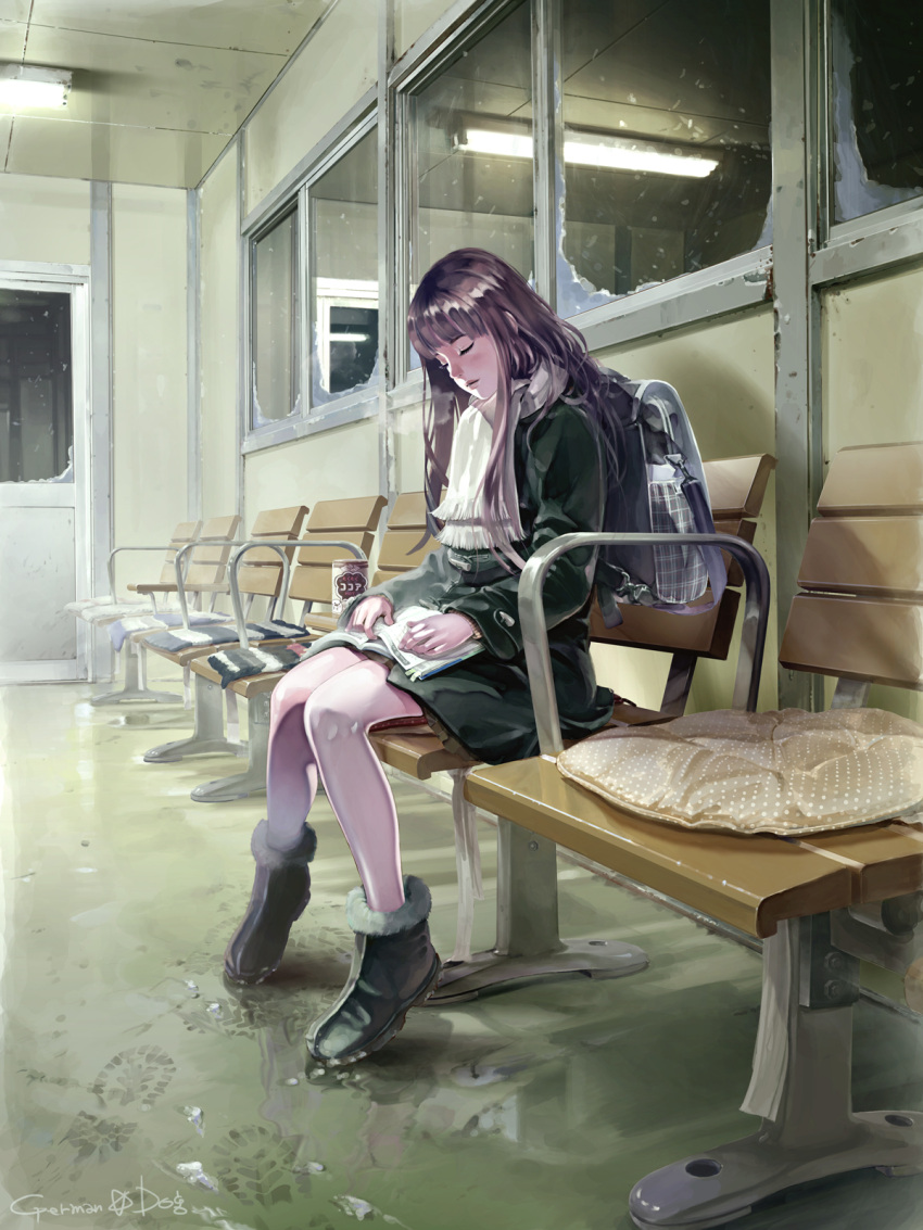 aalge, backpack, bag, bench, book, boots, brown_hair, closed_eyes, coat, cup, cushion, footprints, highres, legs, long_hair, original, scarf, sitting, skirt, snow, snowing