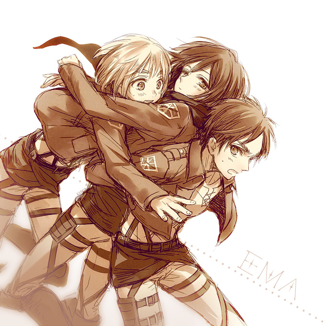 1girl, 2boys, armin_arlert, belt, black_hair, blush, buckle, eren_jaeger