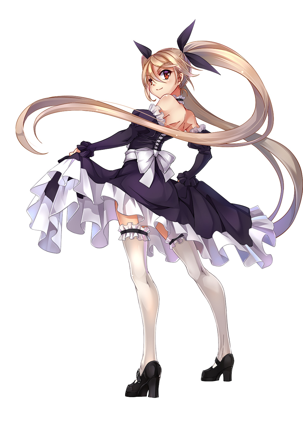 bare_shoulders, blonde_hair, choker, detached_sleeves, garters, hair_ribbon, high_heels, highres