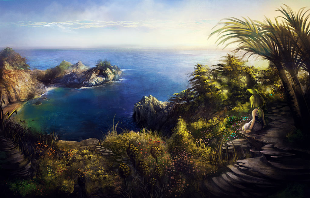1girl, ahoge, from_behind, green_hair, marona, phantom_brave, rock, sitting