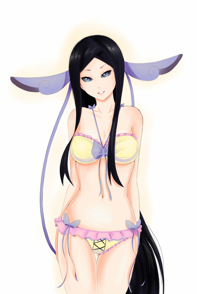 1girl, bare_shoulders, bikini, black_hair, blue_eyes, bow, breasts, cleavage