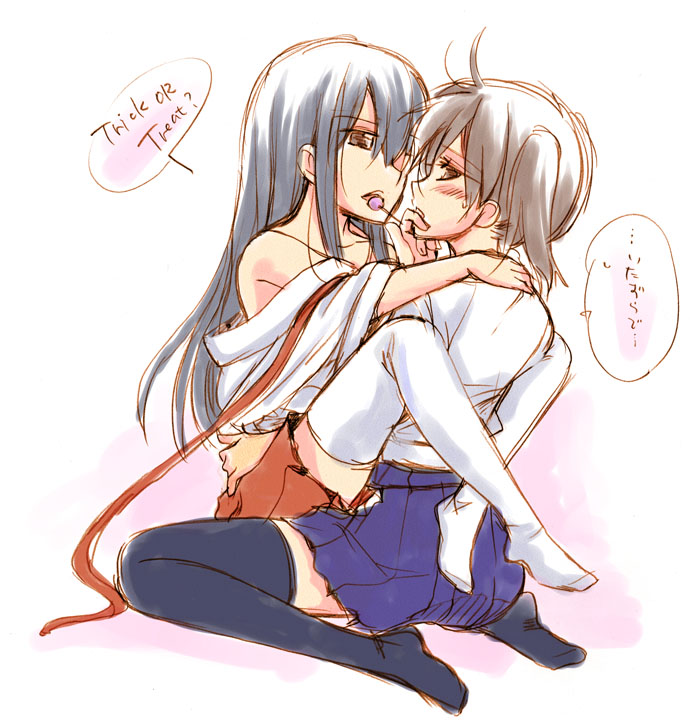 2girls, akagi_(kantai_collection), blush, brown_eyes, brown_hair, candy, hug, japanese_clothes