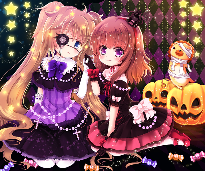 2girls, adapted_costume, bandages, black_gloves, blue_eyes, bow, brown_hair, candy, capelet, company_connection, creator_connection, cross, crossover, crown, dress, elbow_gloves, eyepatch, gloves, halloween, hands_together, higanbana_no_saku_yoru_ni, jack-o'-lantern, juugoya_neko, long_hair, multiple_girls, orange_hair, pantyhose, pearl, sakurada_michiru, sakutarou, sitting, star, stuffed_animal, stuffed_toy, twintails, umineko_no_naku_koro_ni, ushiromiya_maria, very_long_hair, violet_eyes, white_gloves, white_legwear
