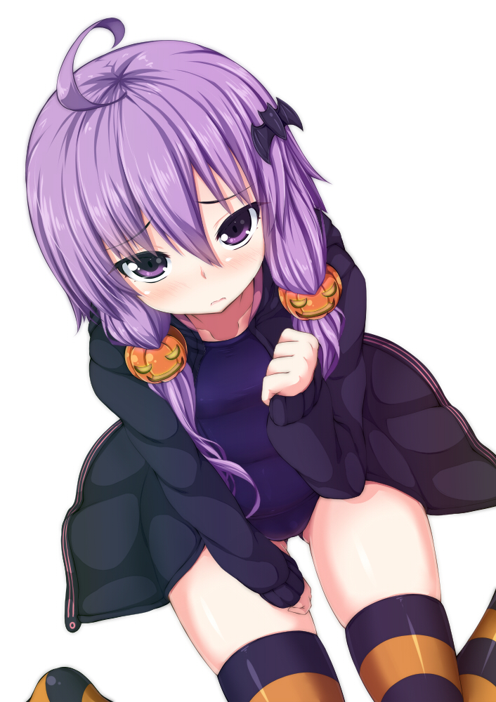 1girl, ahoge, amau_(kosmos), bat_hair_ornament, jack-o'-lantern, jacket, long_hair, long_sleeves, looking_at_viewer, one-piece_swimsuit, purple_hair, school_swimsuit, simple_background, sitting, solo, striped, striped_legwear, swimsuit, thighhighs, twintails, violet_eyes, vocaloid, wariza, white_background, yuzuki_yukari
