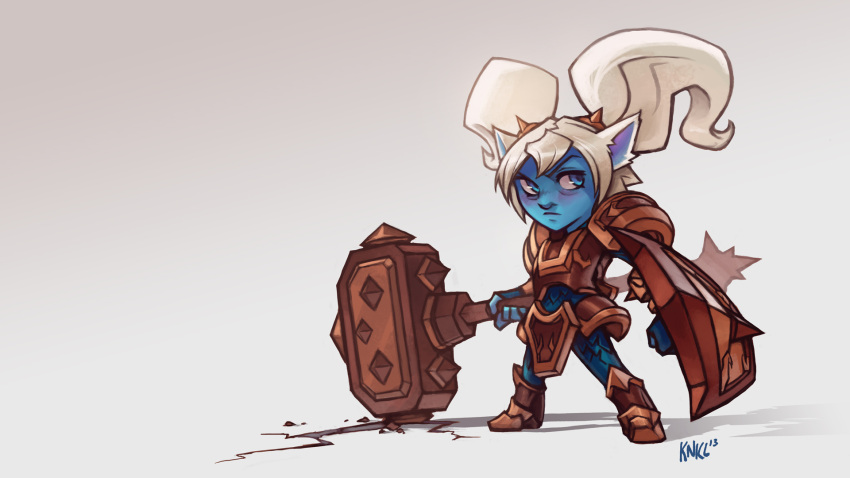 animal_ears, armor, blue_eyes, blue_skin, hammer, highres, knockwurst, league_of_legends